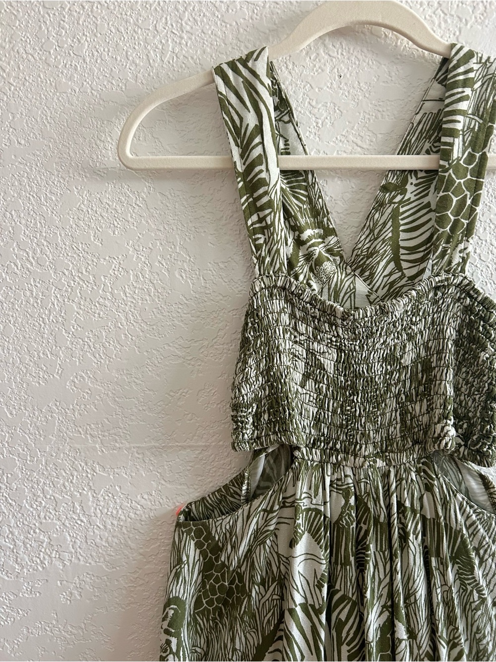 Anthropologie Piper Square-neck Smocked Cut-out Mini Dress in Moss Safari Print - Picture 5 of 8